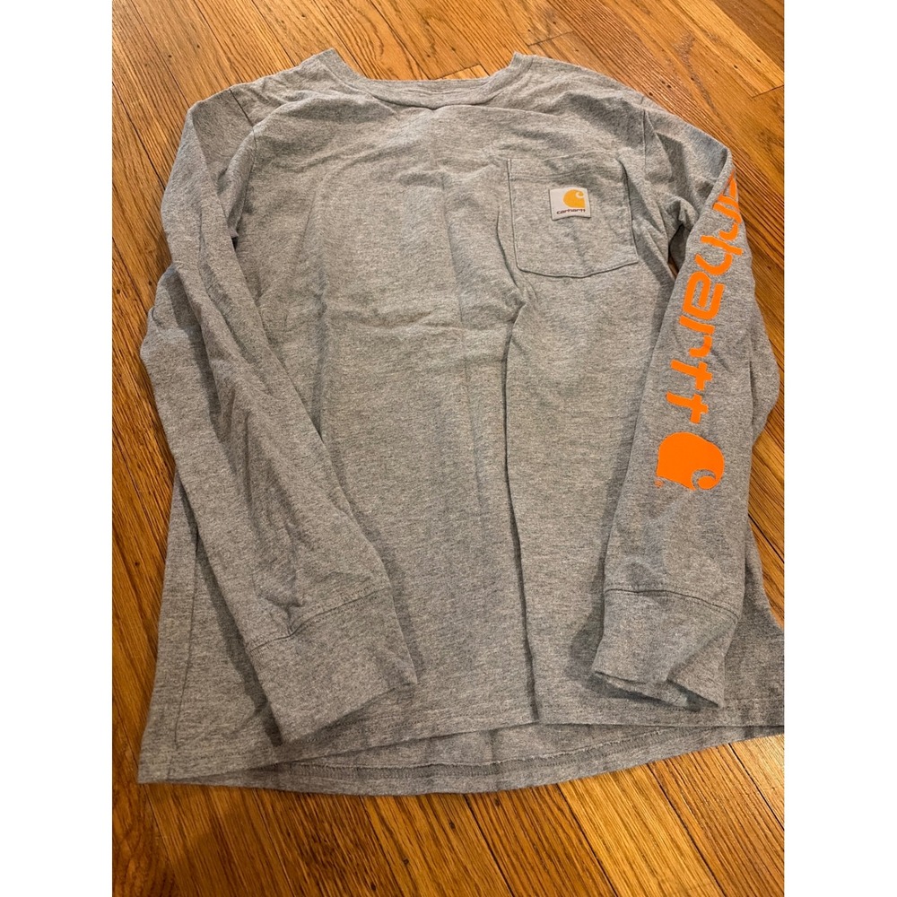 Carhartt Boys Medium Gray Long Sleeve Pocket T-Shirt Orange Sleeve Logo Graphic